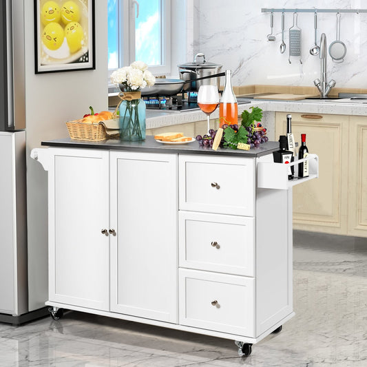 Kitchen Island 2-Door Storage Cabinet with Drawers and Stainless Steel Top, White - Gallery Canada