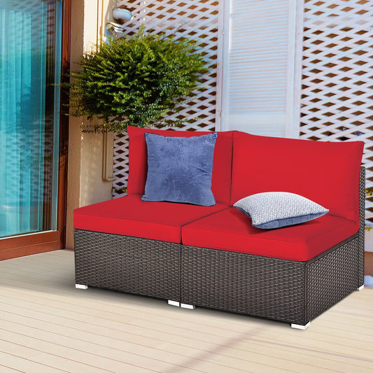 2 Pieces Patio Rattan Armless Sofa Set with 2 Cushions and 2 Pillows, Red - Gallery Canada