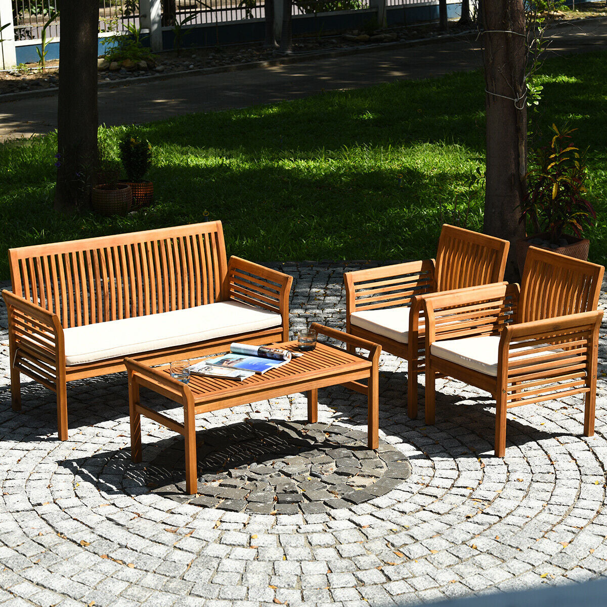 4 Pieces Outdoor Acacia Wood Sofa Furniture Set Patio Conversation Sets at Gallery Canada