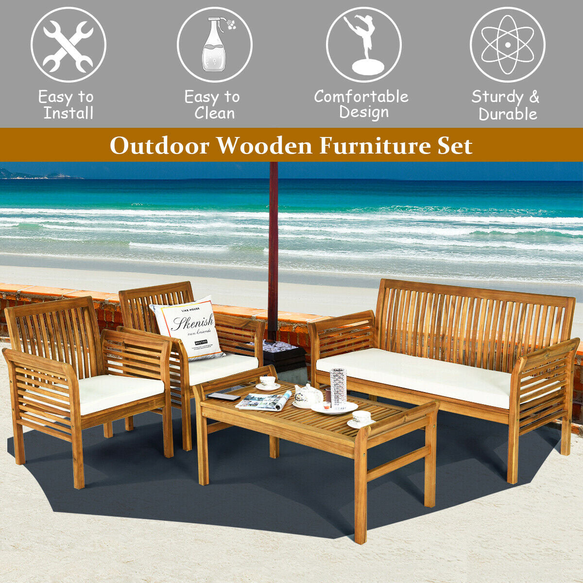 4 Pieces Outdoor Acacia Wood Sofa Furniture Set Patio Conversation Sets at Gallery Canada