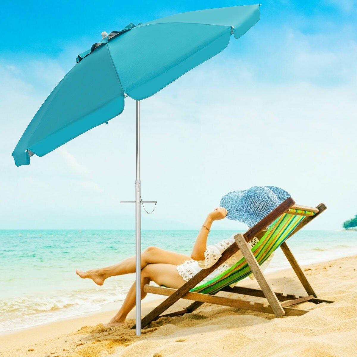 6.5 Feet Beach Umbrella with Sun Shade and Carry Bag without Weight Base, Blue - Gallery Canada