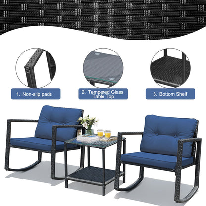 3 Pcs Patio Rattan Set Rocking Chair Cushioned Sofa Garden Furniture, Navy Patio Conversation Sets at Gallery Canada