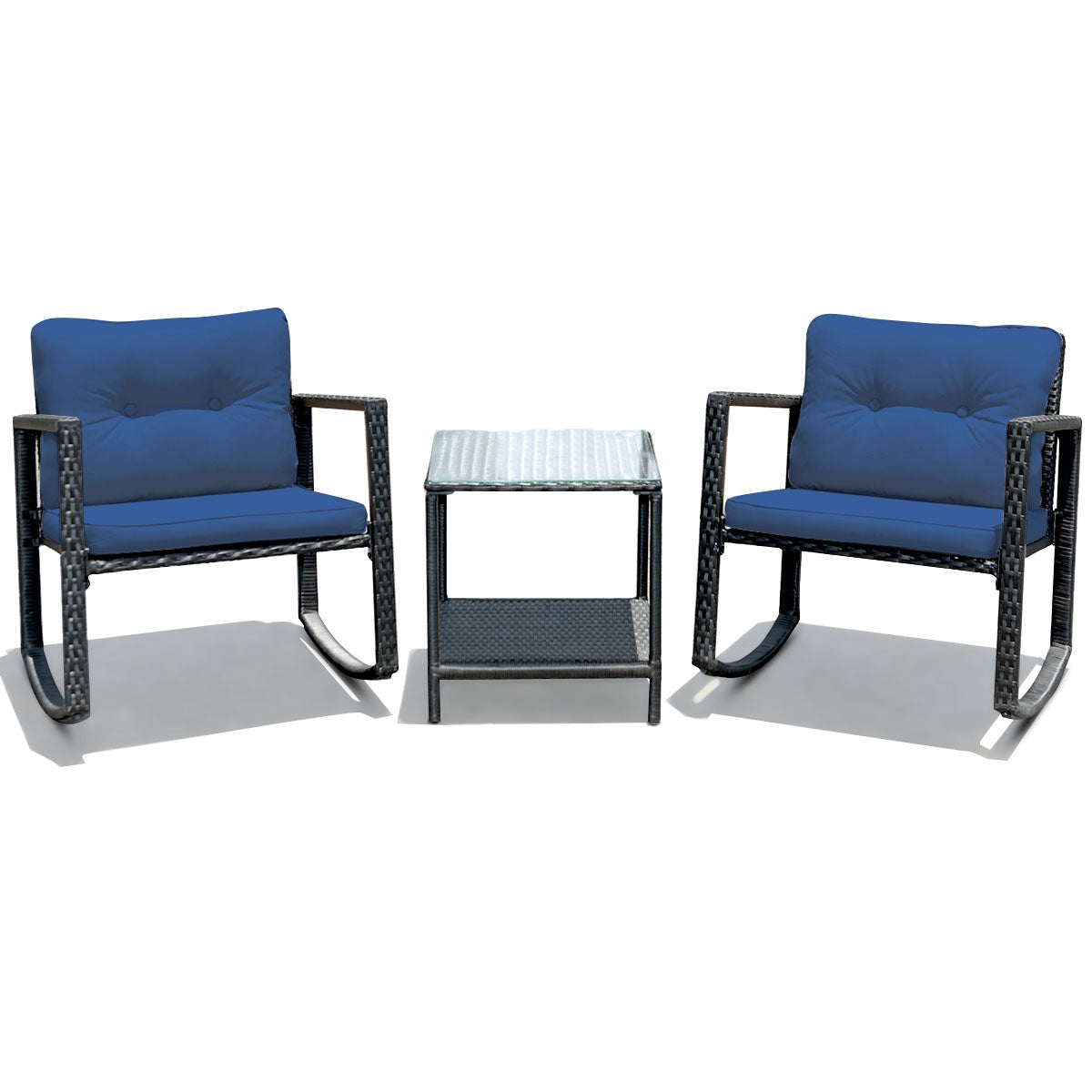 3 Pcs Patio Rattan Rocking Chair, Cushioned Sofa, Navy Patio Conversation Sets Navy at Gallery Canada