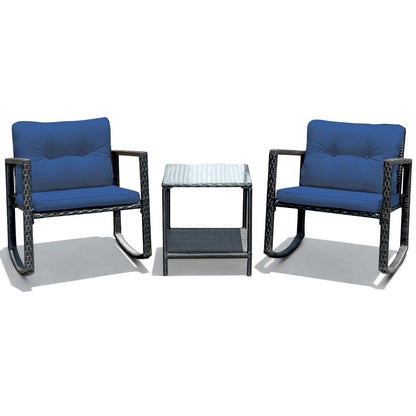 3 Pcs Patio Rattan Rocking Chair, Cushioned Sofa, Navy Patio Conversation Sets Navy at Gallery Canada