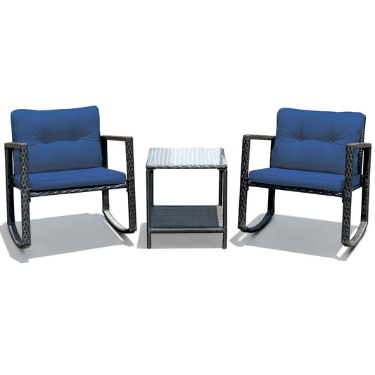 3 Pcs Patio Rattan Rocking Chair, Cushioned Sofa, Navy Patio Conversation Sets Navy at Gallery Canada
