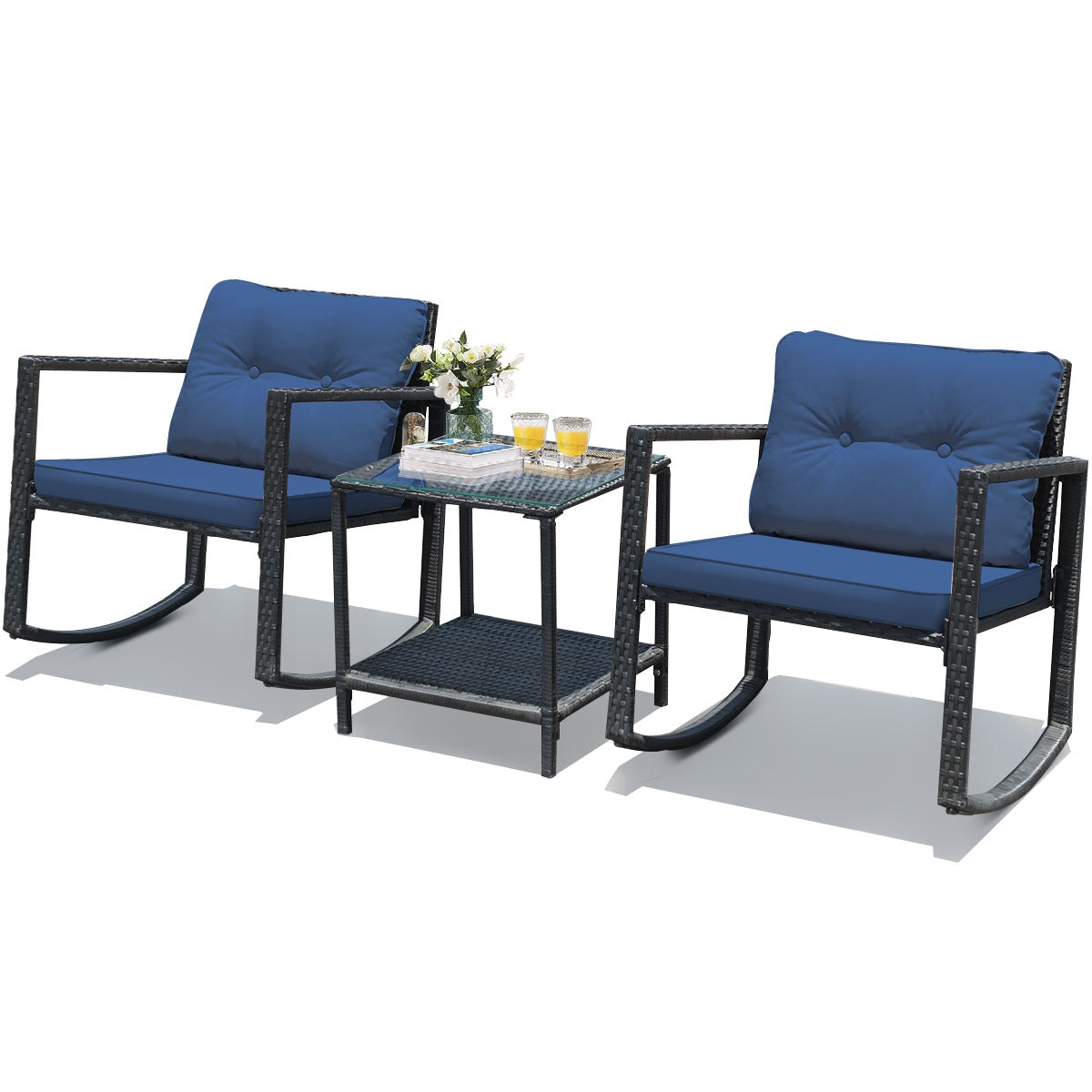 3 Pcs Patio Rattan Set Rocking Chair Cushioned Sofa Garden Furniture, Navy Patio Conversation Sets at Gallery Canada