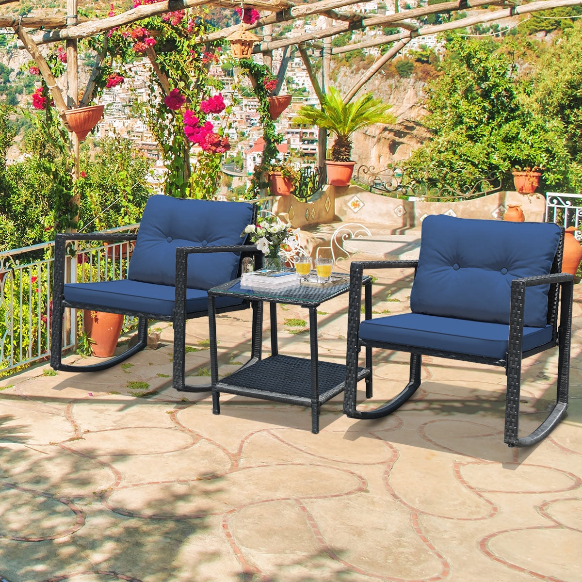 3 Pcs Patio Rattan Rocking Chair, Cushioned Sofa, Navy Patio Conversation Sets at Gallery Canada