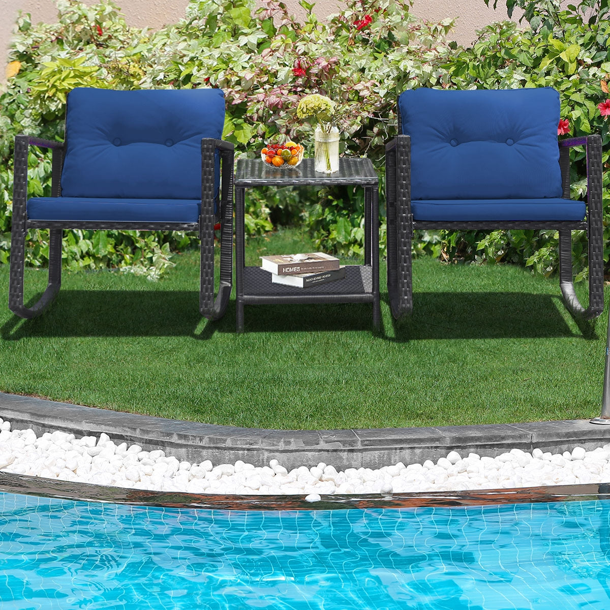 3 Pcs Patio Rattan Set Rocking Chair Cushioned Sofa Garden Furniture, Navy Patio Conversation Sets at Gallery Canada