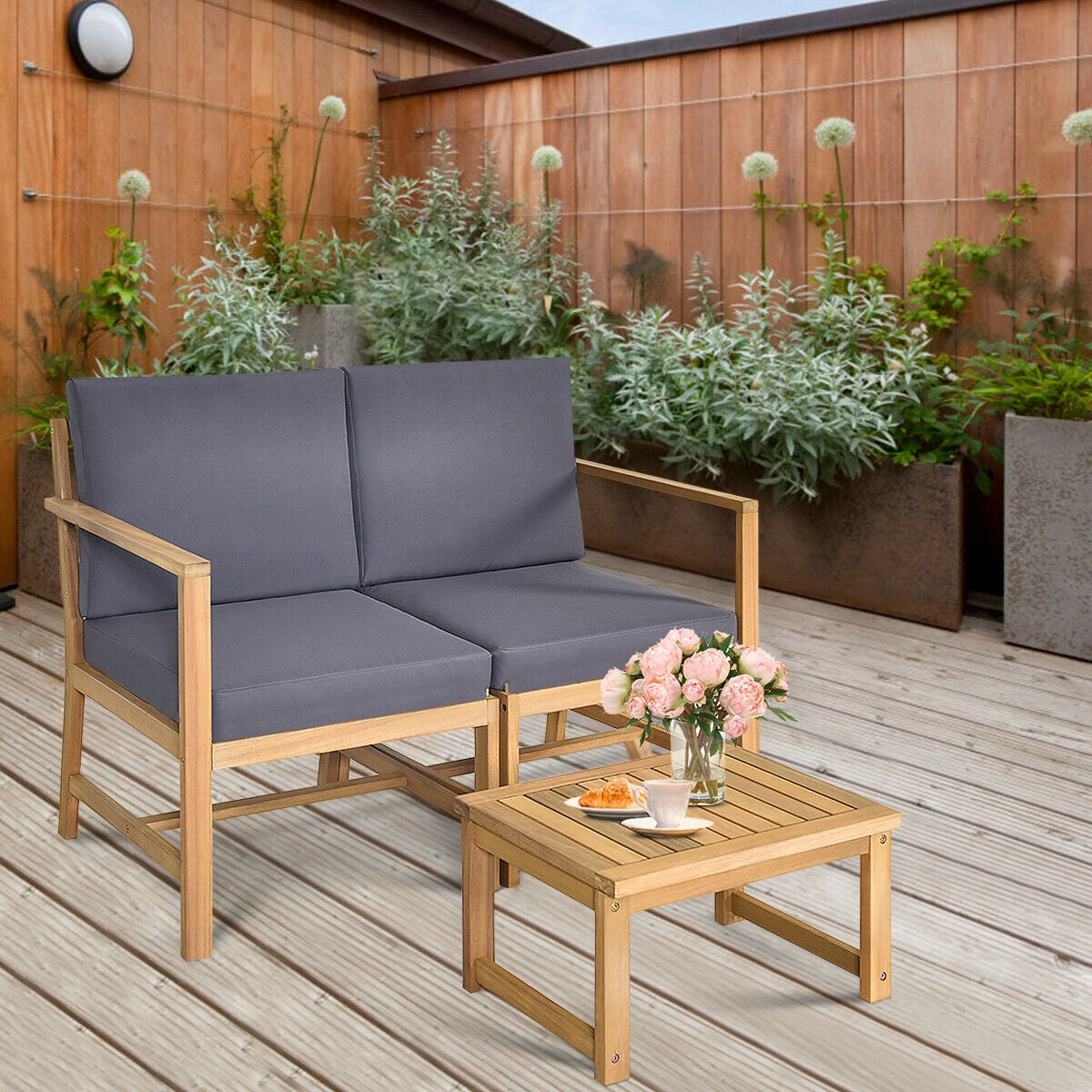 3-in-1 Acacia Wood Loveseat with Separable Coffee Table, Natural Patio Conversation Sets at Gallery Canada