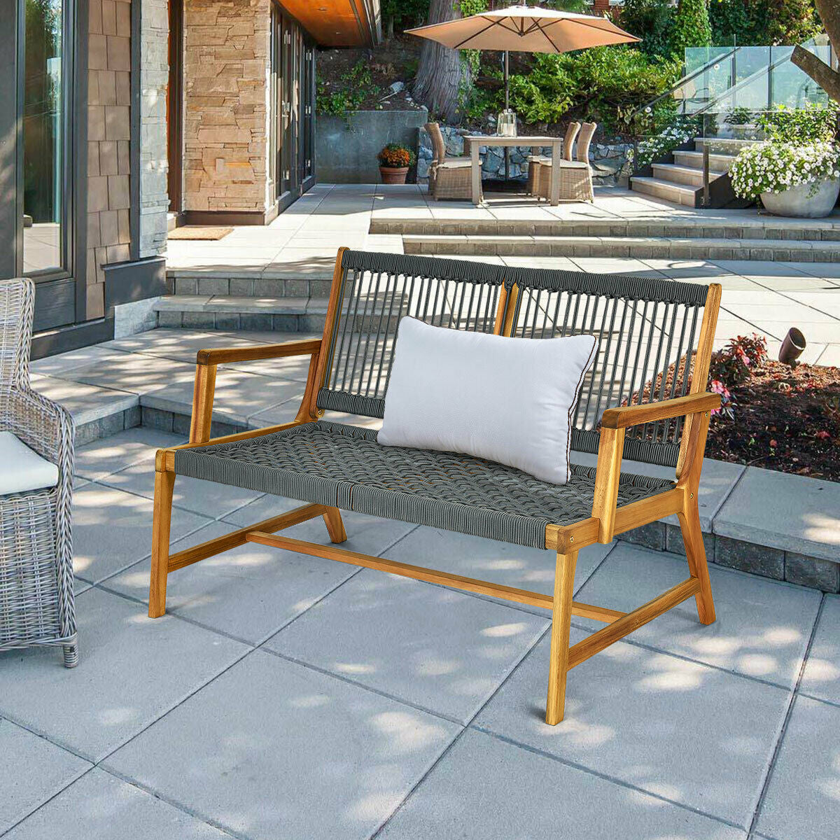 2-Person Acacia Wood Yard Bench for Balcony and Patio, Gray Outdoor Benches at Gallery Canada