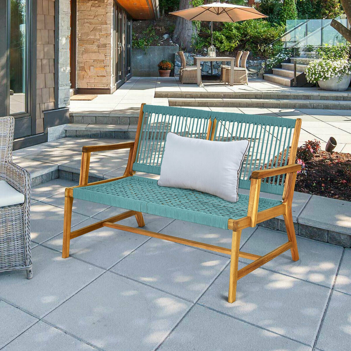 2-Person Acacia Wood Yard Bench for Balcony and Patio, Turquoise Outdoor Benches at Gallery Canada