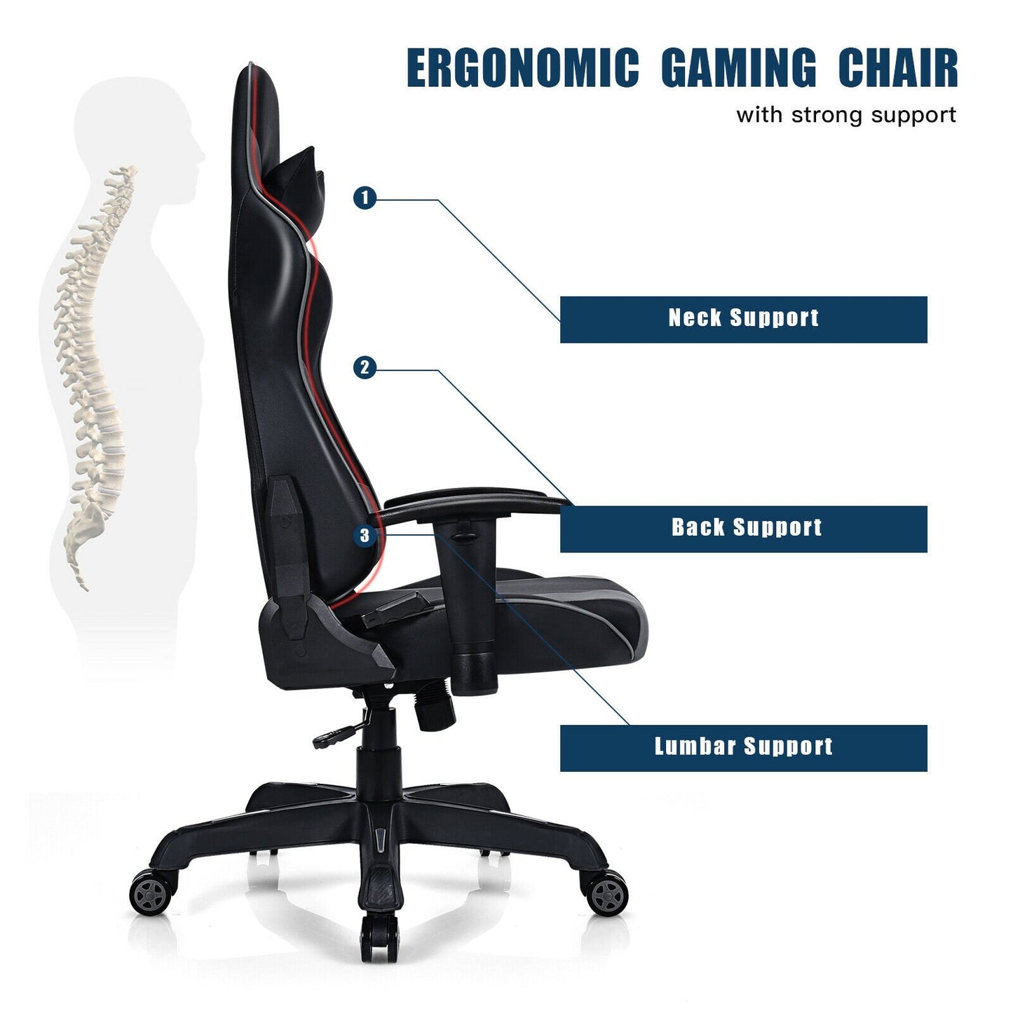 Massage Gaming Recliner  with Lumbar Support, Black - Gallery Canada