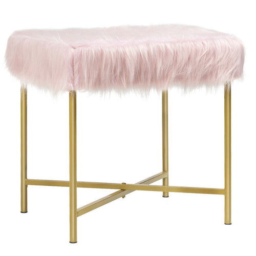 Faux Fur Ottoman Decorative Stool with Metal Legs, Pink