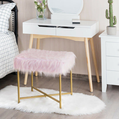 Faux Fur Ottoman Decorative Stool with Metal Legs, Pink - Gallery Canada