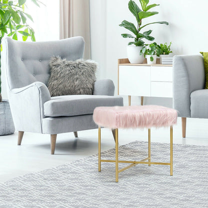 Faux Fur Ottoman Decorative Stool with Metal Legs, Pink at Gallery Canada