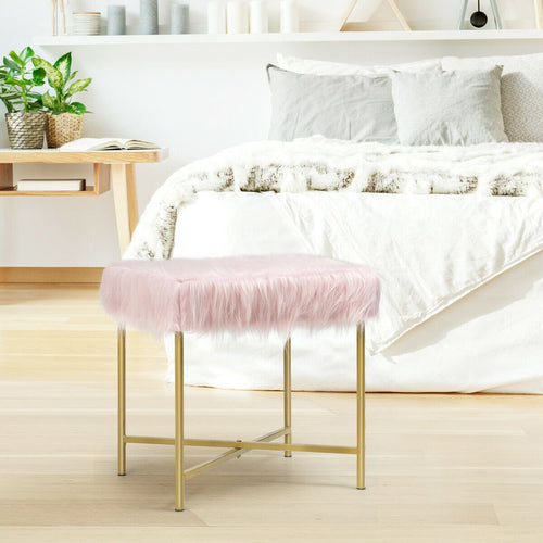 Faux Fur Ottoman Decorative Stool with Metal Legs, Pink