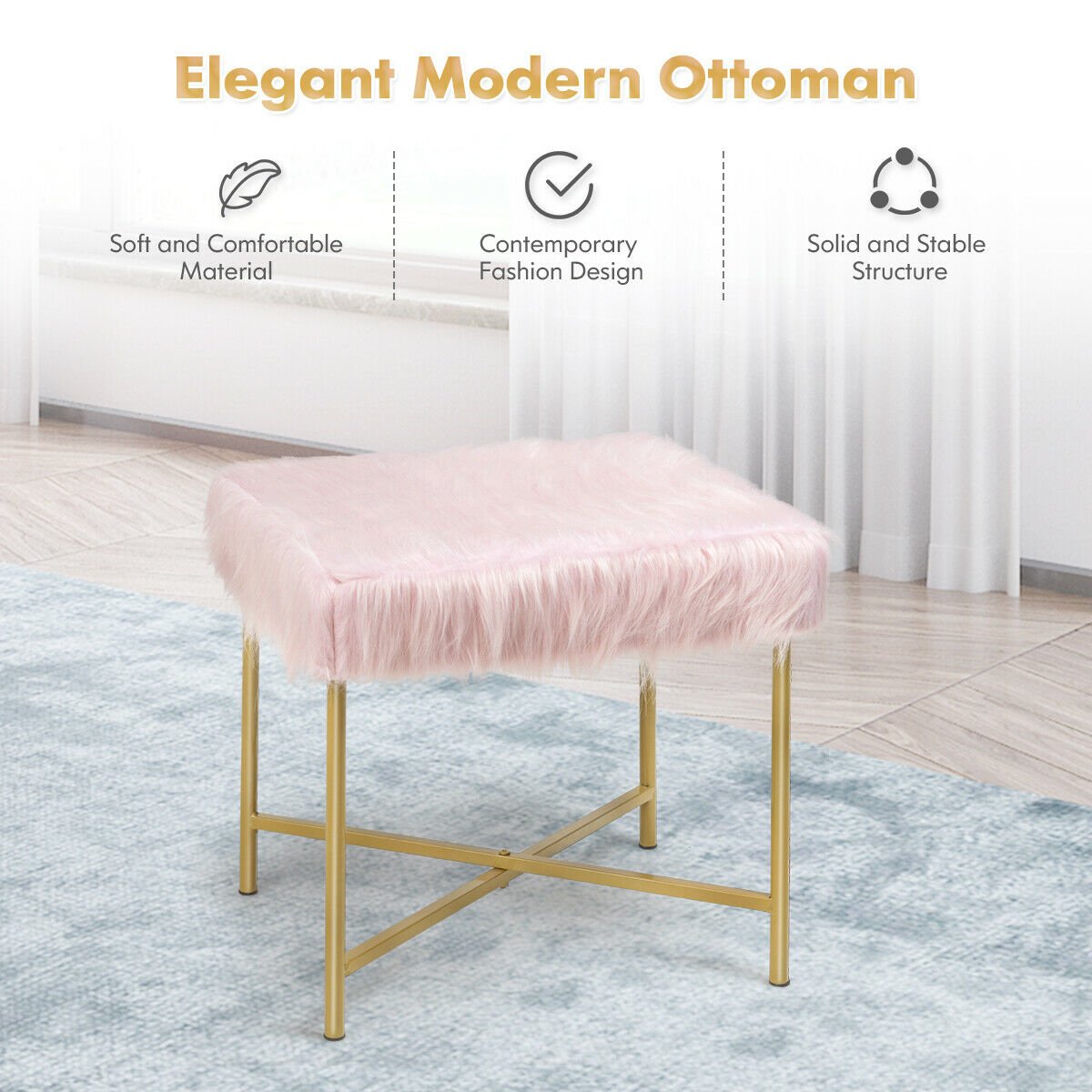 Faux Fur Ottoman Decorative Stool with Metal Legs, Pink at Gallery Canada