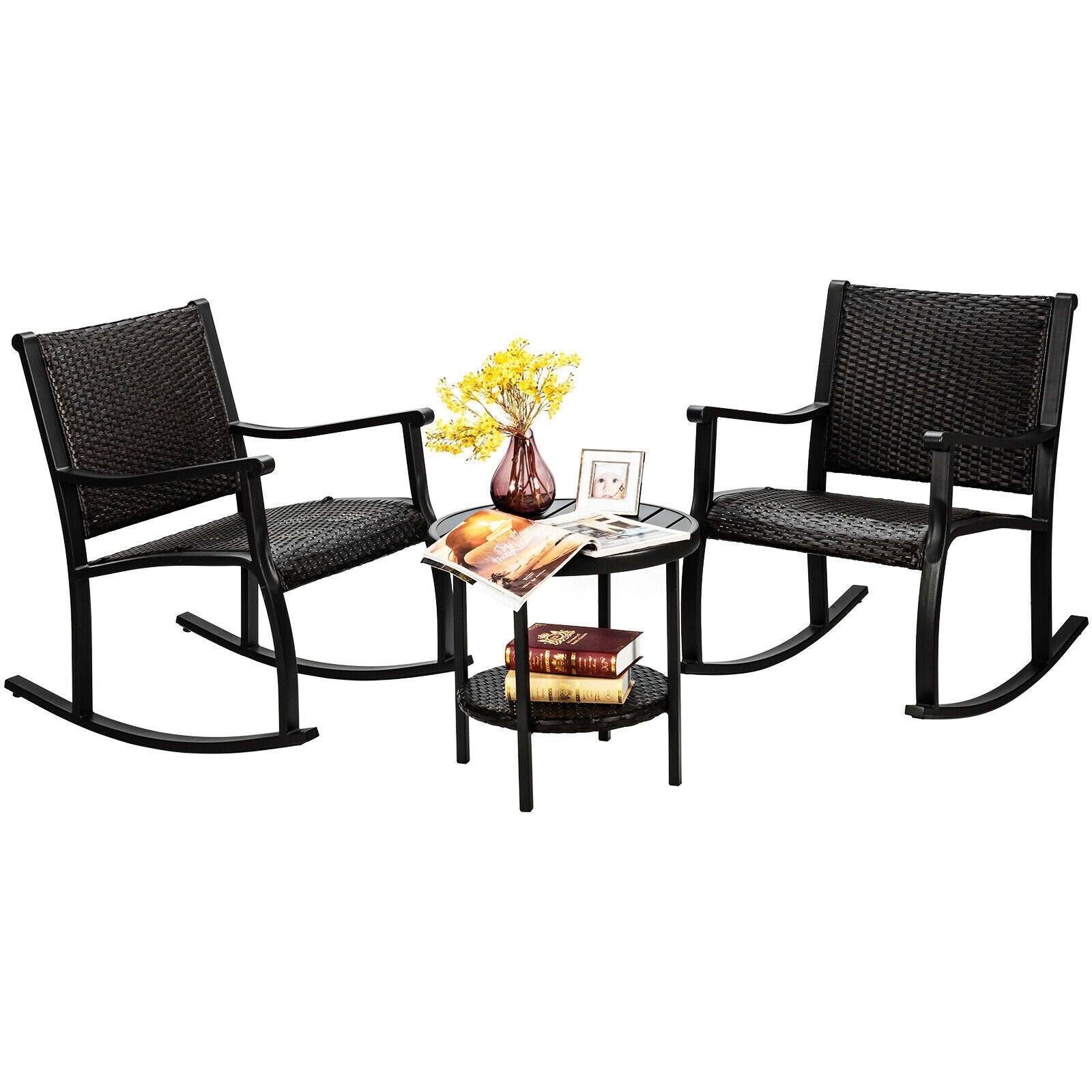 3 Pieces Patio Rattan Furniture Set with Coffee Table and Rocking Chairs, Black - Gallery Canada