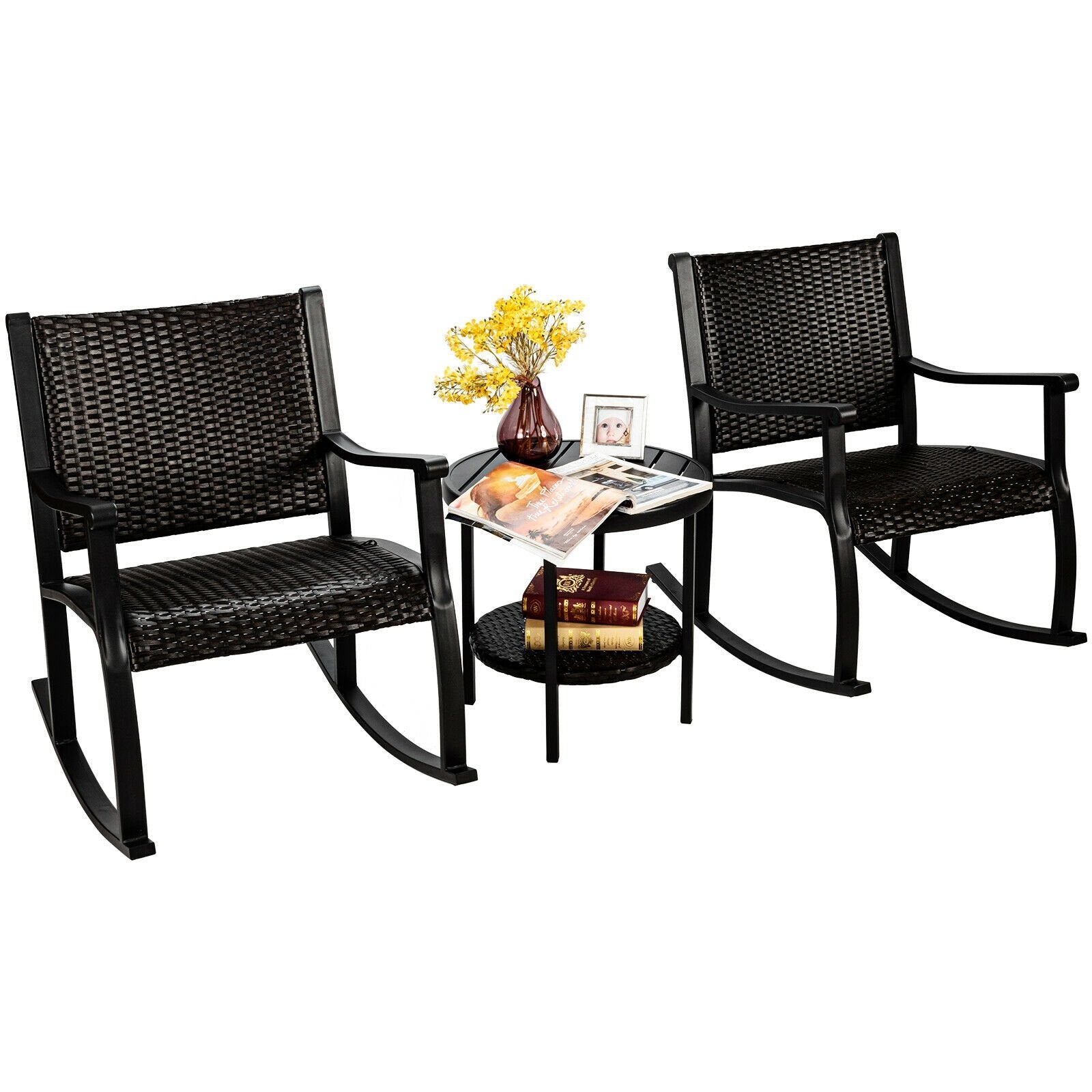 3 Pieces Patio Rattan Furniture Set with Coffee Table and Rocking Chairs, Black - Gallery Canada