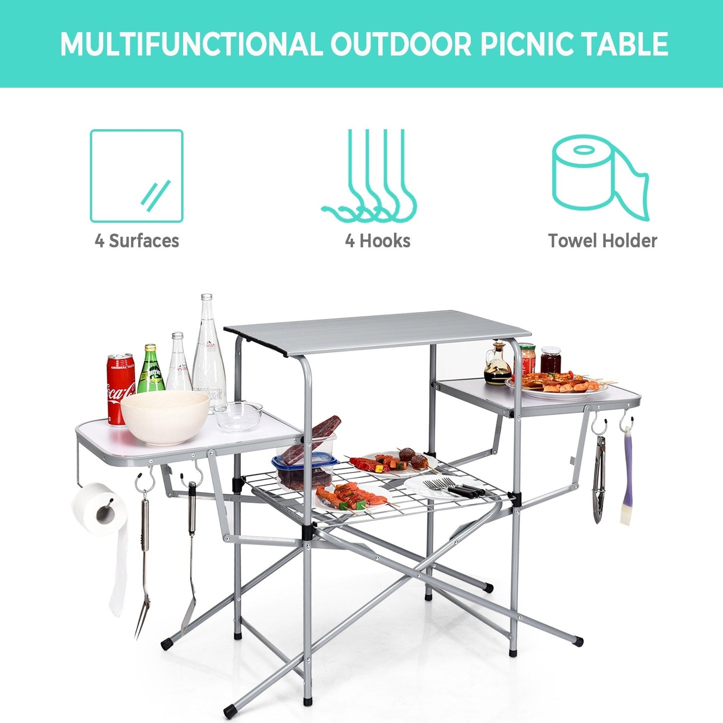 Foldable Outdoor BBQ Table Grilling Stand, Silver - Gallery Canada