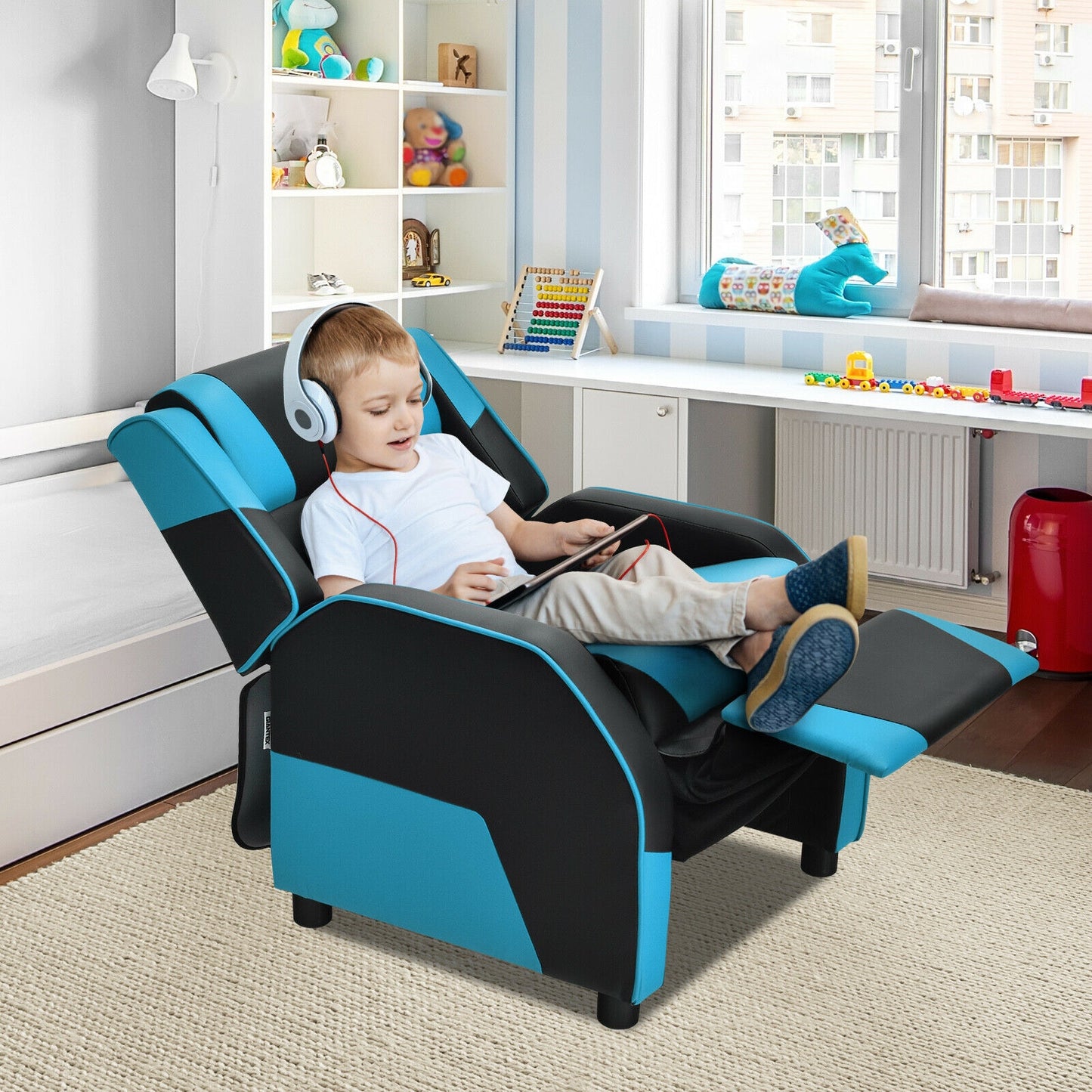 Kids Youth PU Leather Gaming Sofa Recliner with Headrest and Footrest, Blue Kids Chairs & Seating at Gallery Canada