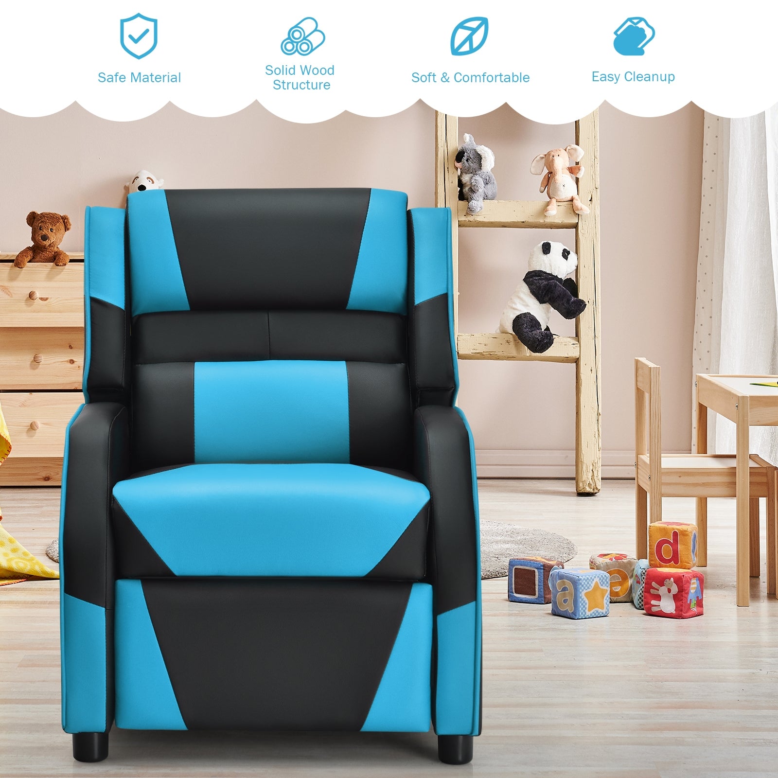 Kids Youth PU Leather Gaming Sofa Recliner with Headrest and Footrest, Blue Kids Chairs & Seating at Gallery Canada