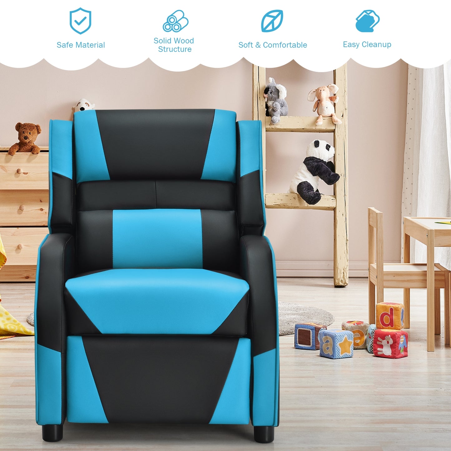 Kids Youth PU Leather Gaming Sofa Recliner with Headrest and Footrest, Blue Kids Chairs & Seating at Gallery Canada
