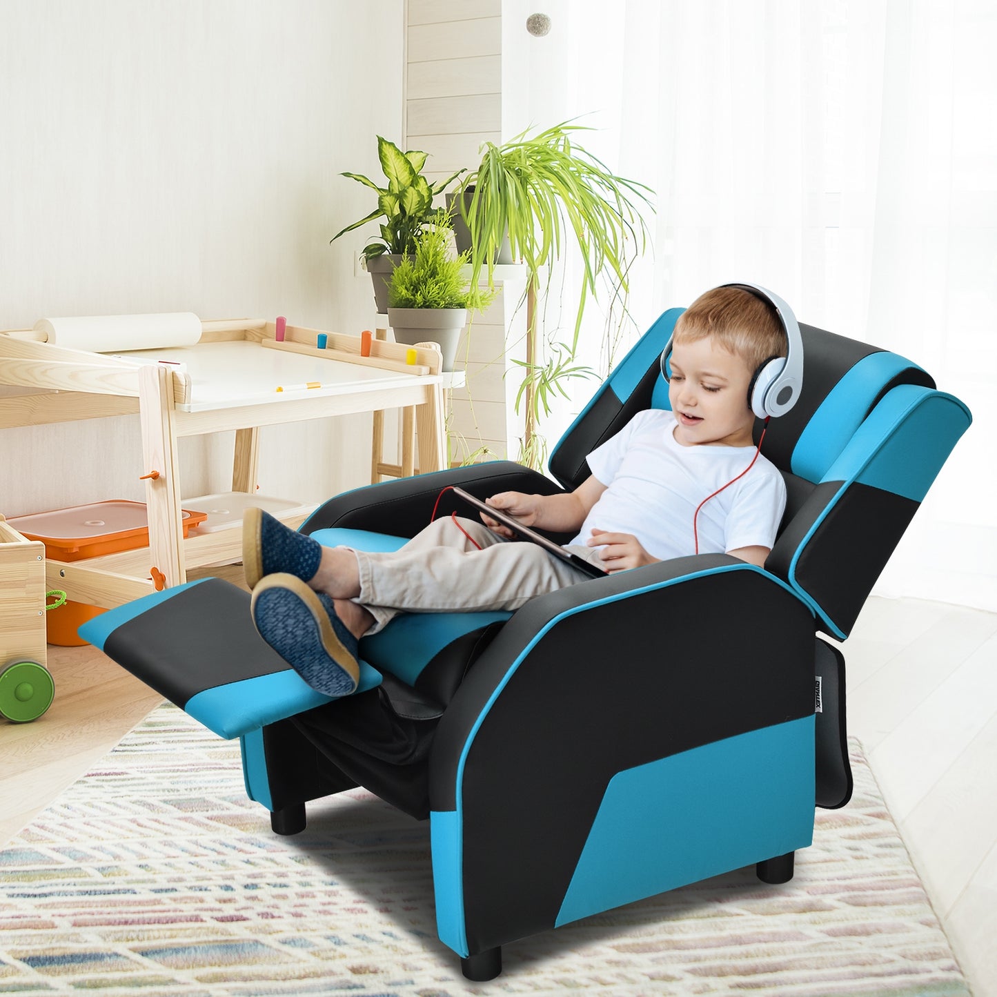 Kids Youth PU Leather Gaming Sofa Recliner with Headrest and Footrest, Blue Kids Chairs & Seating at Gallery Canada