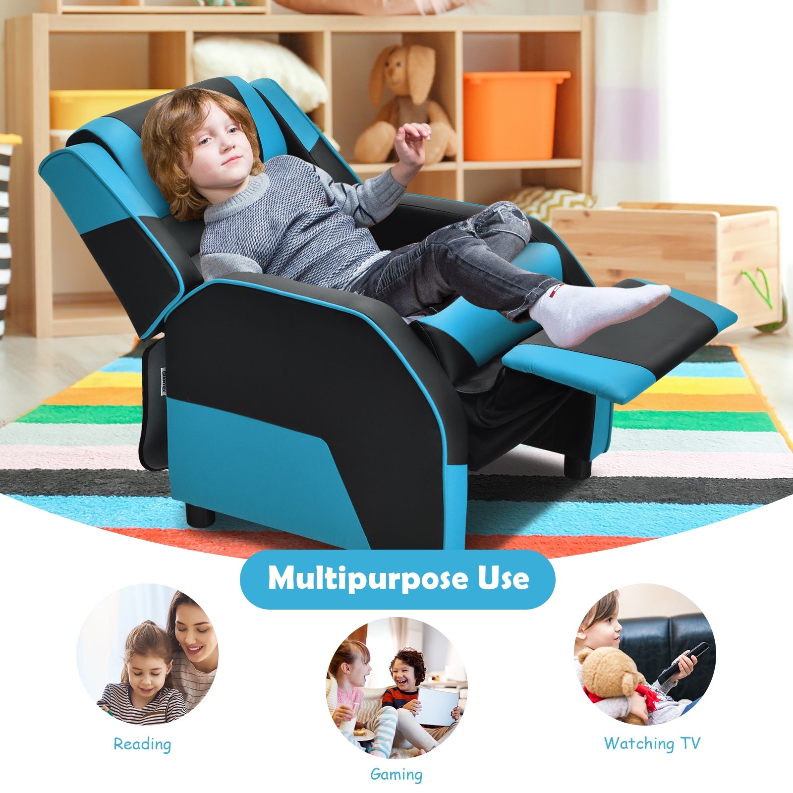 Kids Youth PU Leather Gaming Sofa Recliner with Headrest and Footrest, Blue Kids Chairs & Seating at Gallery Canada