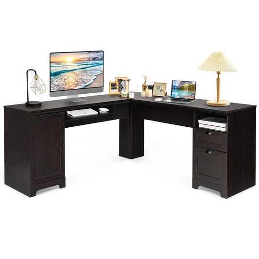 66 Inch L-Shaped Writing Study Workstation Computer Desk with Drawers, Dark Brown - Gallery Canada