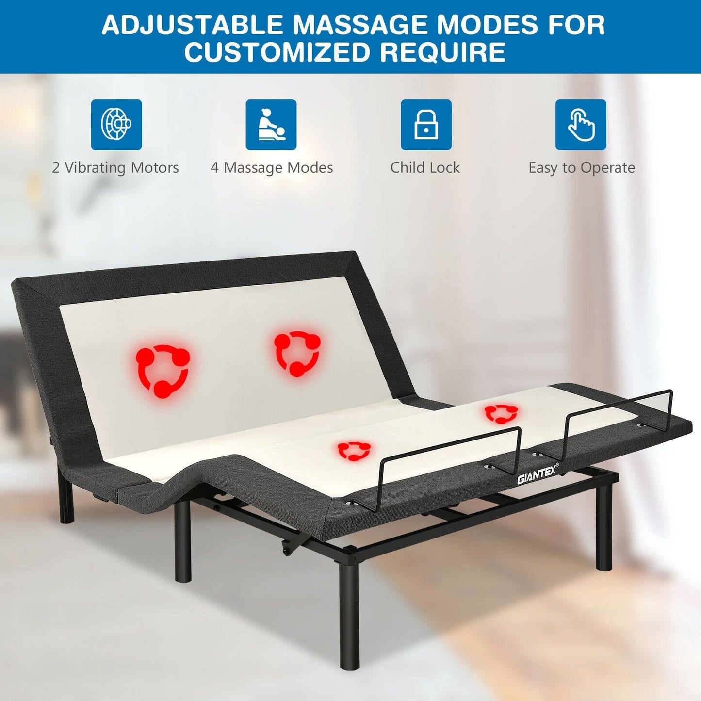 Queen Size Adjustable Bed Base Electric Bed Frame with Massage Modes, Black & Gray - Gallery Canada