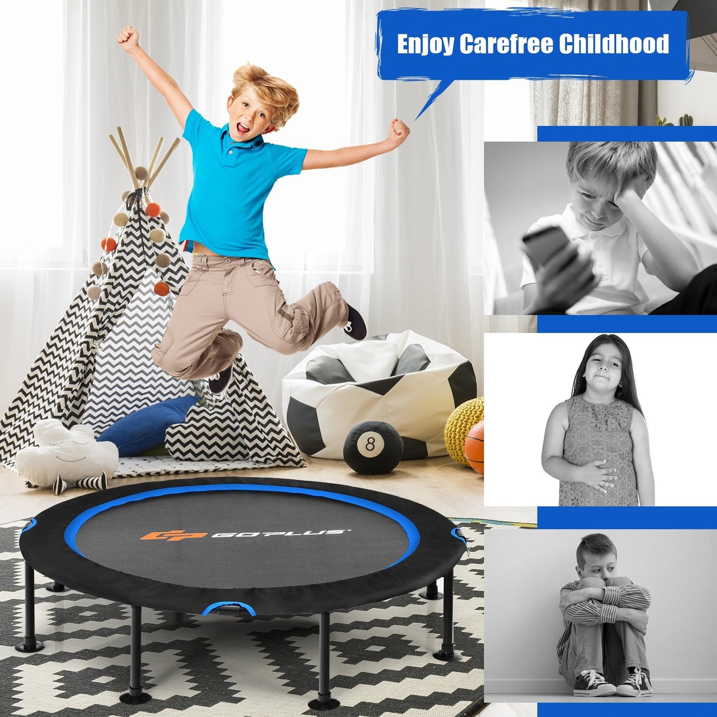 47 Inch Folding Trampoline Fitness Exercise Rebound with Safety Pad Kids and Adults, Blue at Gallery Canada