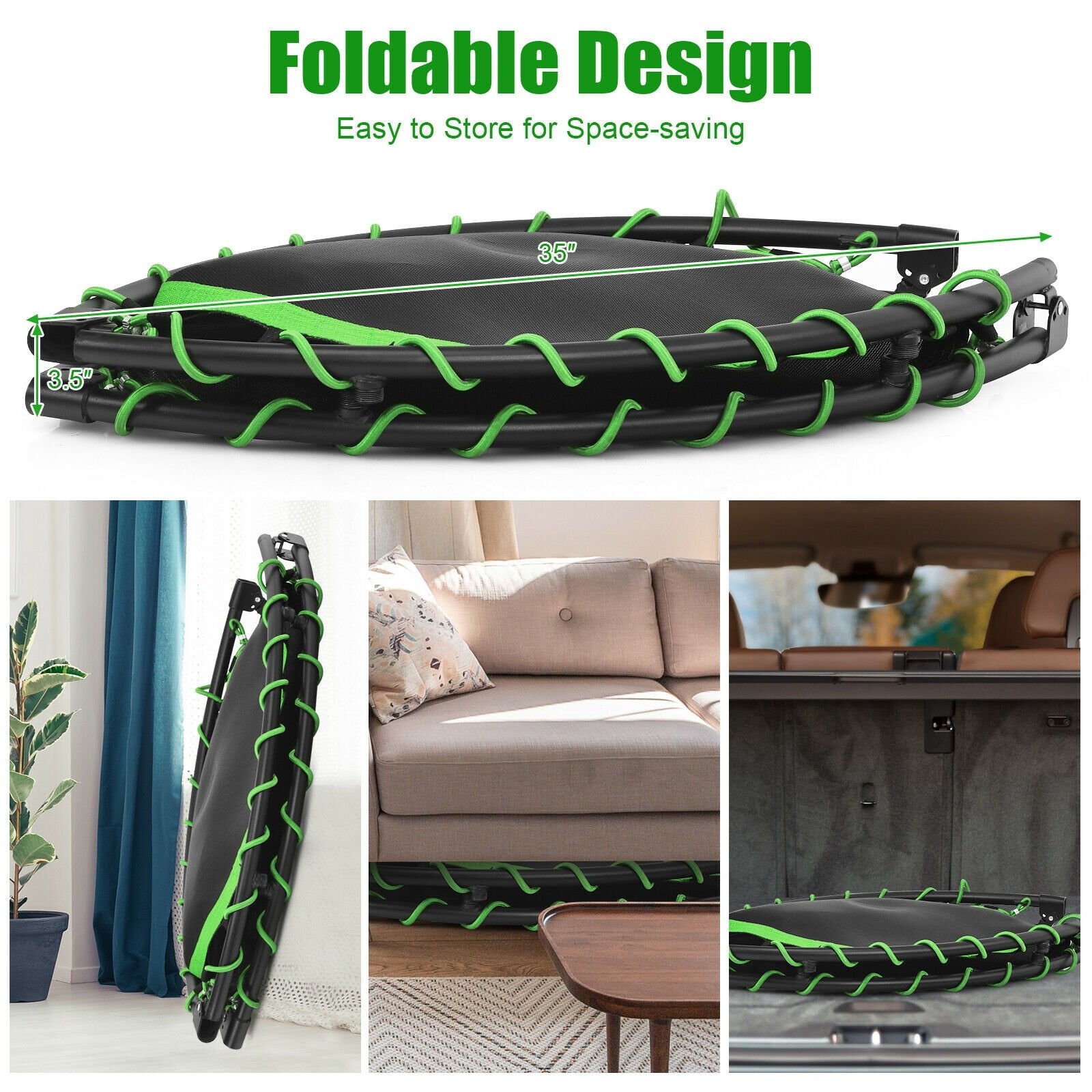 47 Inch Folding Trampoline Fitness Exercise Rebound with Safety Pad Kids and Adults, Green - Gallery Canada