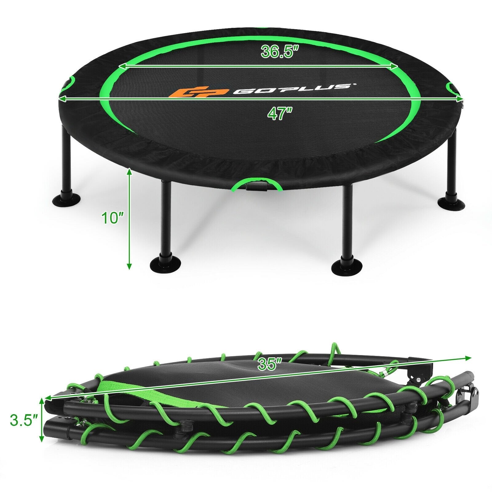 47 Inch Folding Trampoline Fitness Exercise Rebound with Safety Pad Kids and Adults, Green - Gallery Canada