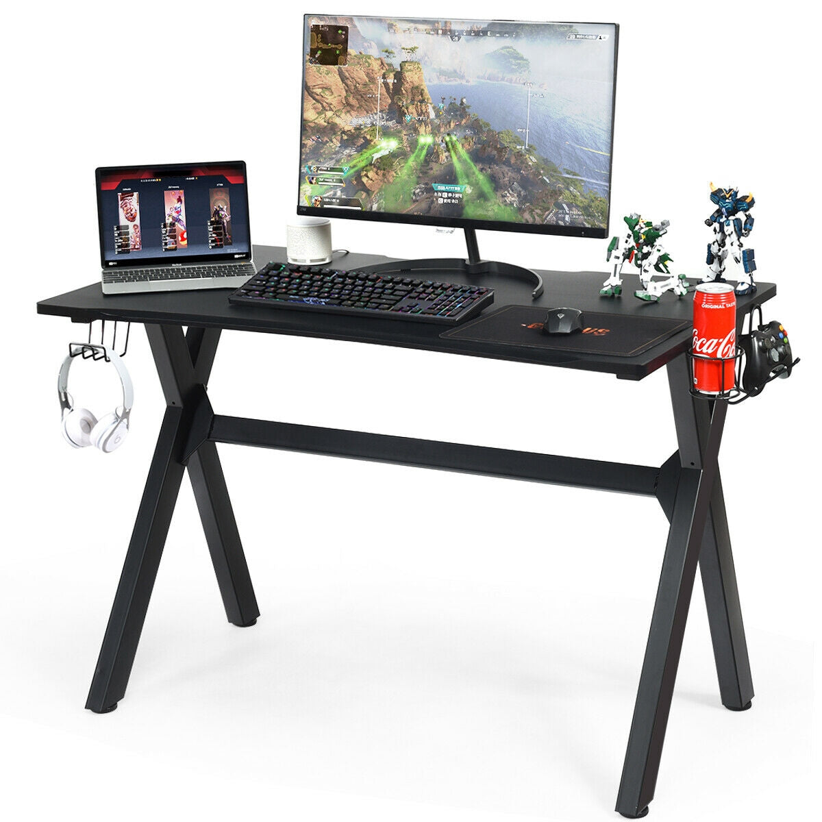 Ergonomic Gaming Desk with Mousepad and Cup Headphone Holder, Black Gaming Desks at Gallery Canada