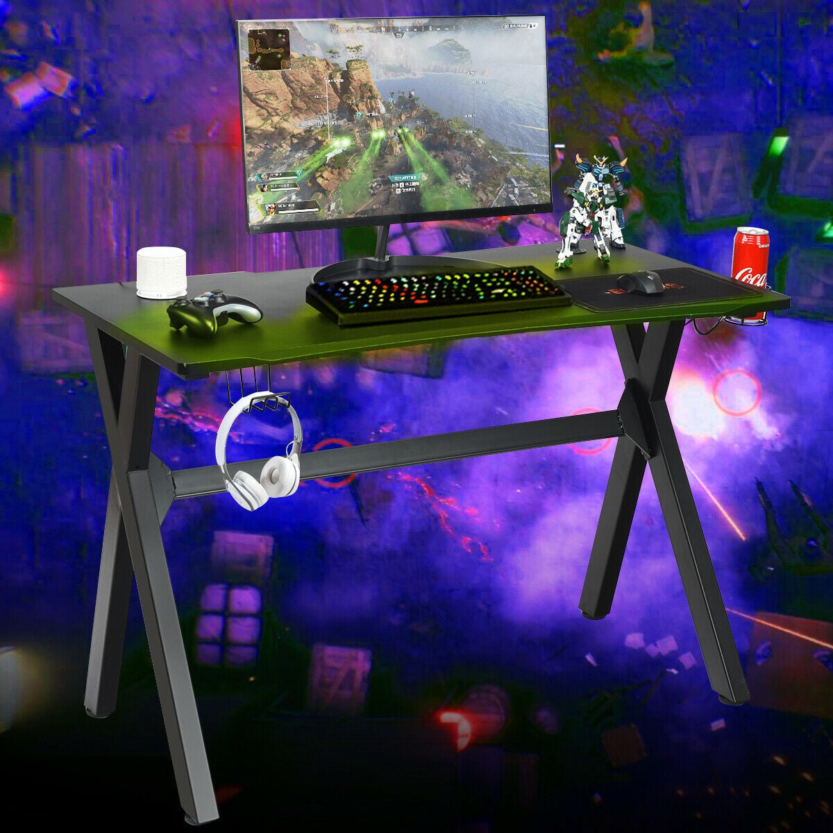 Ergonomic Gaming Desk with Mousepad and Cup Headphone Holder, Black Gaming Desks at Gallery Canada