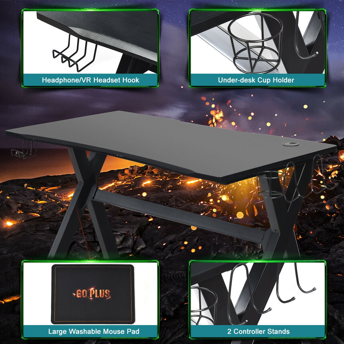 Ergonomic Gaming Desk with Mousepad and Cup Headphone Holder, Black Gaming Desks at Gallery Canada