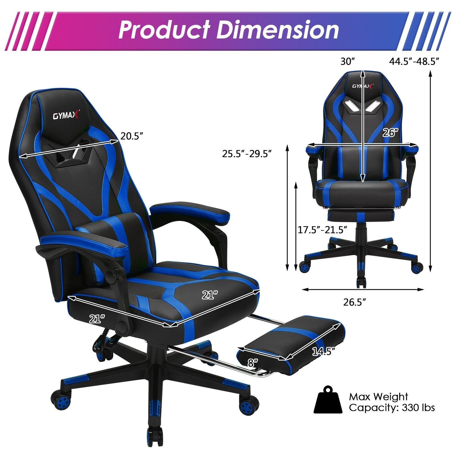 Computer Massage Gaming Recliner Chair with Footrest, Blue - Gallery Canada