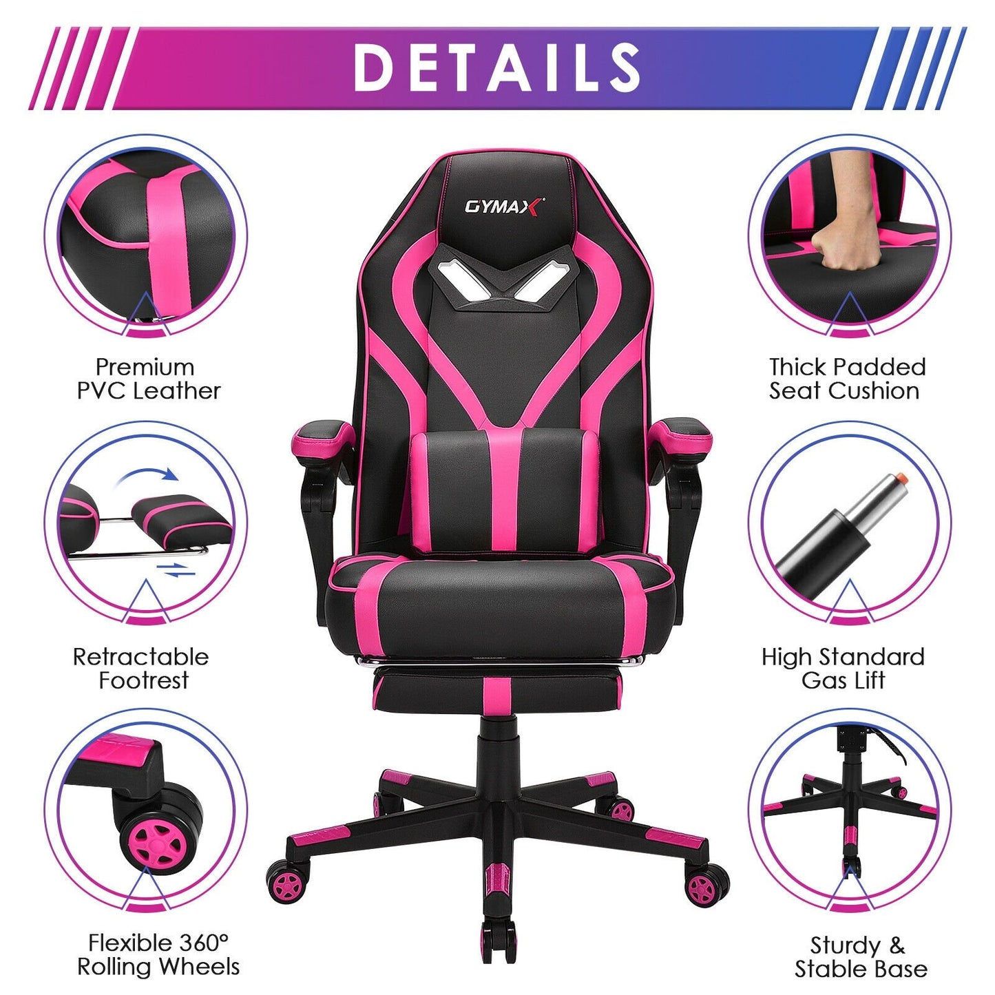 Computer Massage Gaming Recliner Chair with Footrest, Pink - Gallery Canada