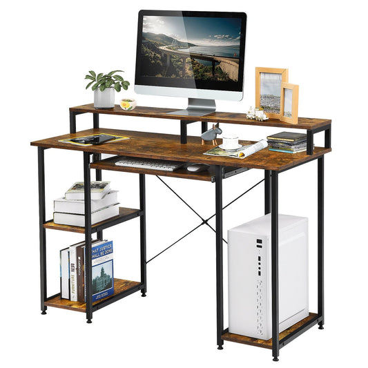 47 Inches Computer Desk Writing Study Table with Keyboard Tray and Monitor Stand, Brown - Gallery Canada