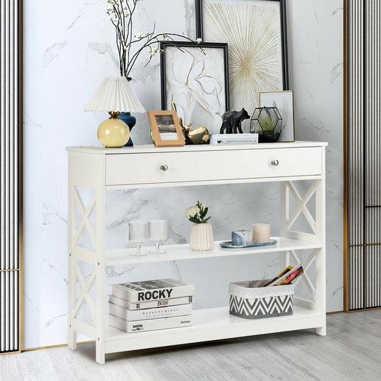 3-Tier Console Table with Drawers for Living Room Entryway, White - Gallery Canada