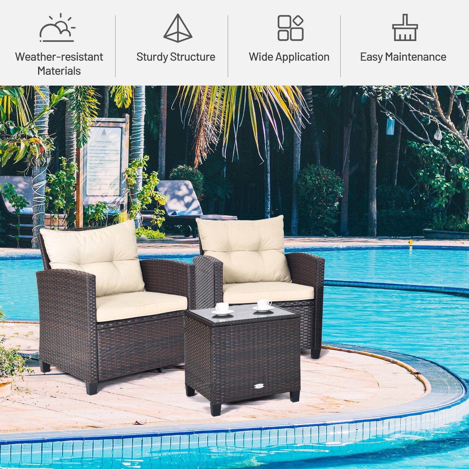 3 Pieces Patio Rattan Furniture Set with 4 Removable Cushions, Beige - Gallery Canada