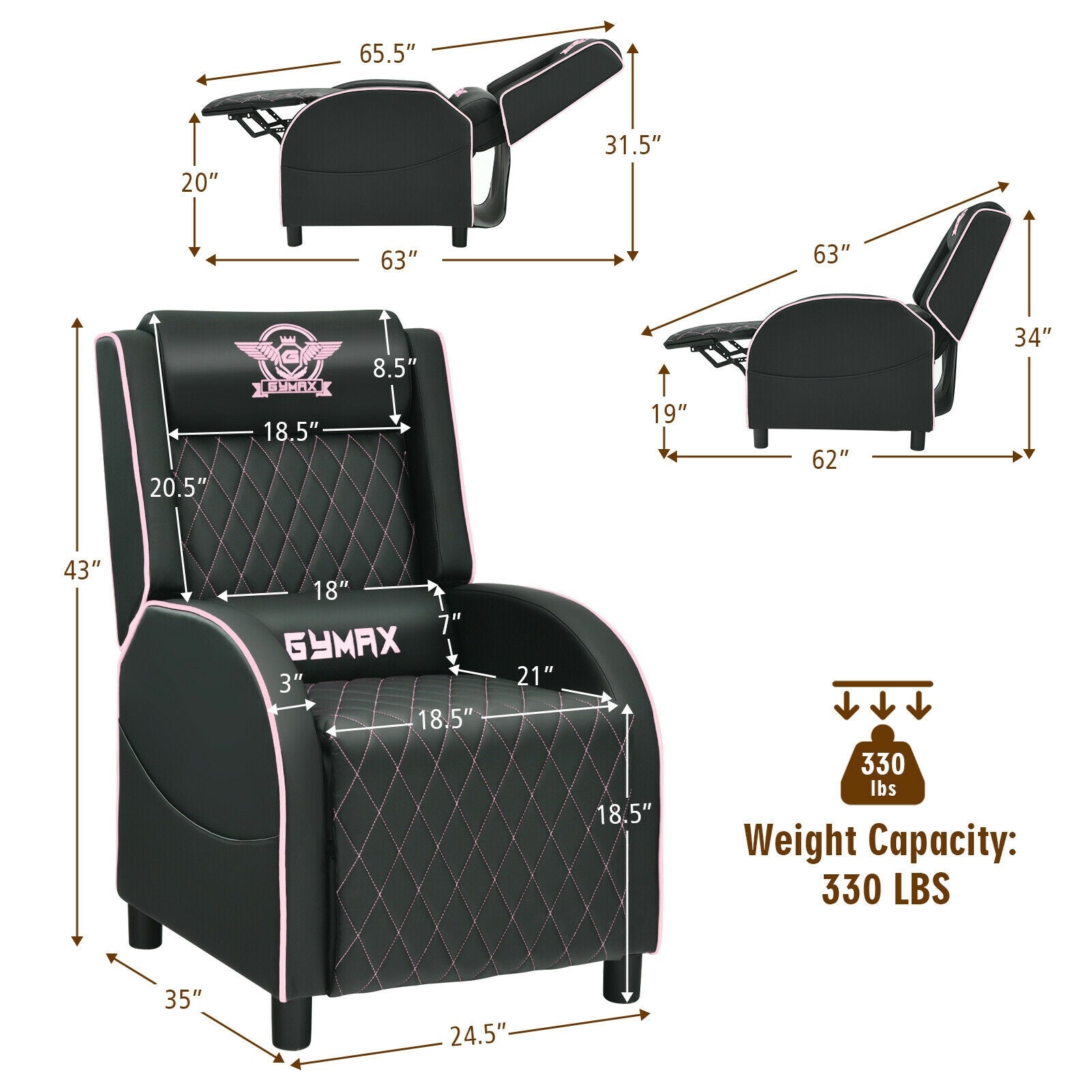 Massage Gaming Recliner Chair with Headrest and Adjustable Backrest for Home Theater, Pink Gaming Chairs at Gallery Canada