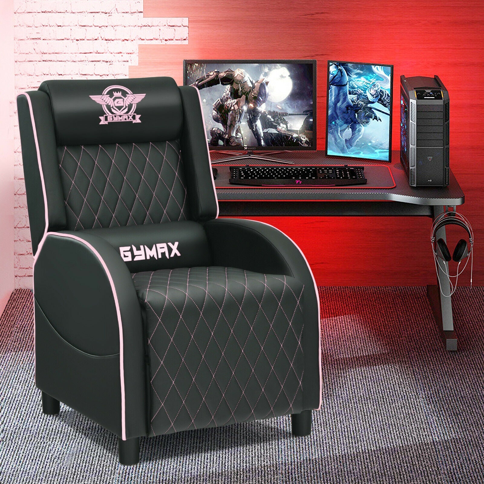 Massage Gaming Recliner Chair with Headrest and Adjustable Backrest for Home Theater, Pink Gaming Chairs at Gallery Canada