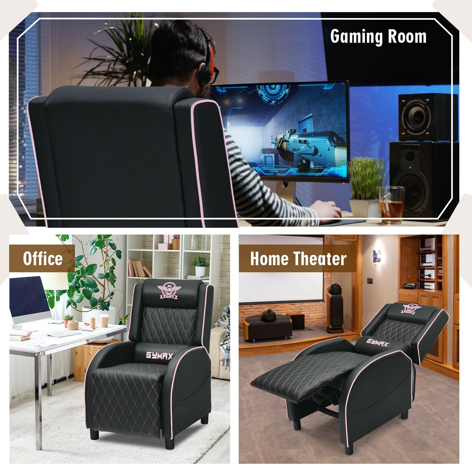 Massage Gaming Recliner Chair with Headrest and Adjustable Backrest for Home Theater, Pink Gaming Chairs at Gallery Canada