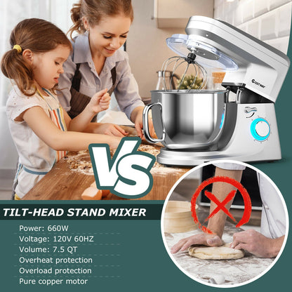 7.5 QT Tilt-Head Stand Mixer 6 Speed 660W with Dough Hook Beater , Silver - Gallery Canada