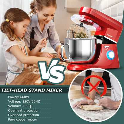 7.5 QT Tilt-Head Stand Mixer 6 Speed 660W with Dough Hook Beater , Red - Gallery Canada