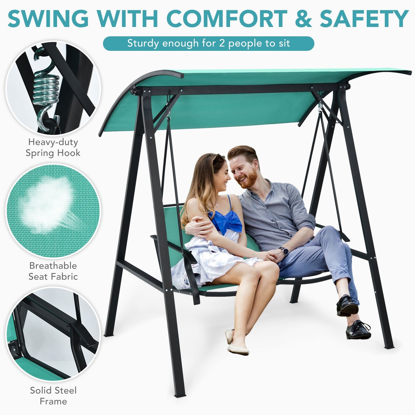 Outdoor Porch Steel Hanging 2-Seat Swing Loveseat with Canopy, Turquoise - Gallery Canada