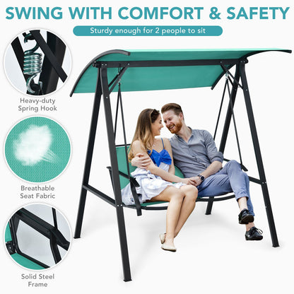 Outdoor Porch Steel Hanging 2-Seat Swing Loveseat with Canopy, Turquoise - Gallery Canada