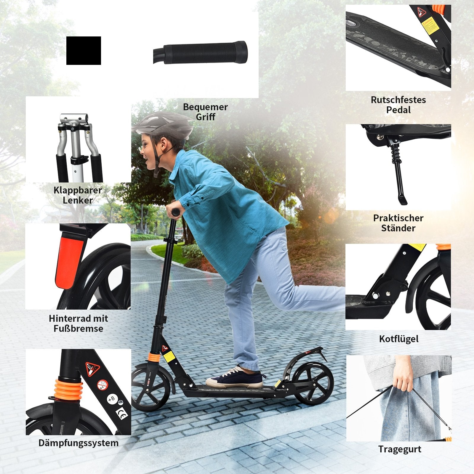 Folding Aluminium Adjustable Kick Scooter with Shoulder Strap, Black at Gallery Canada